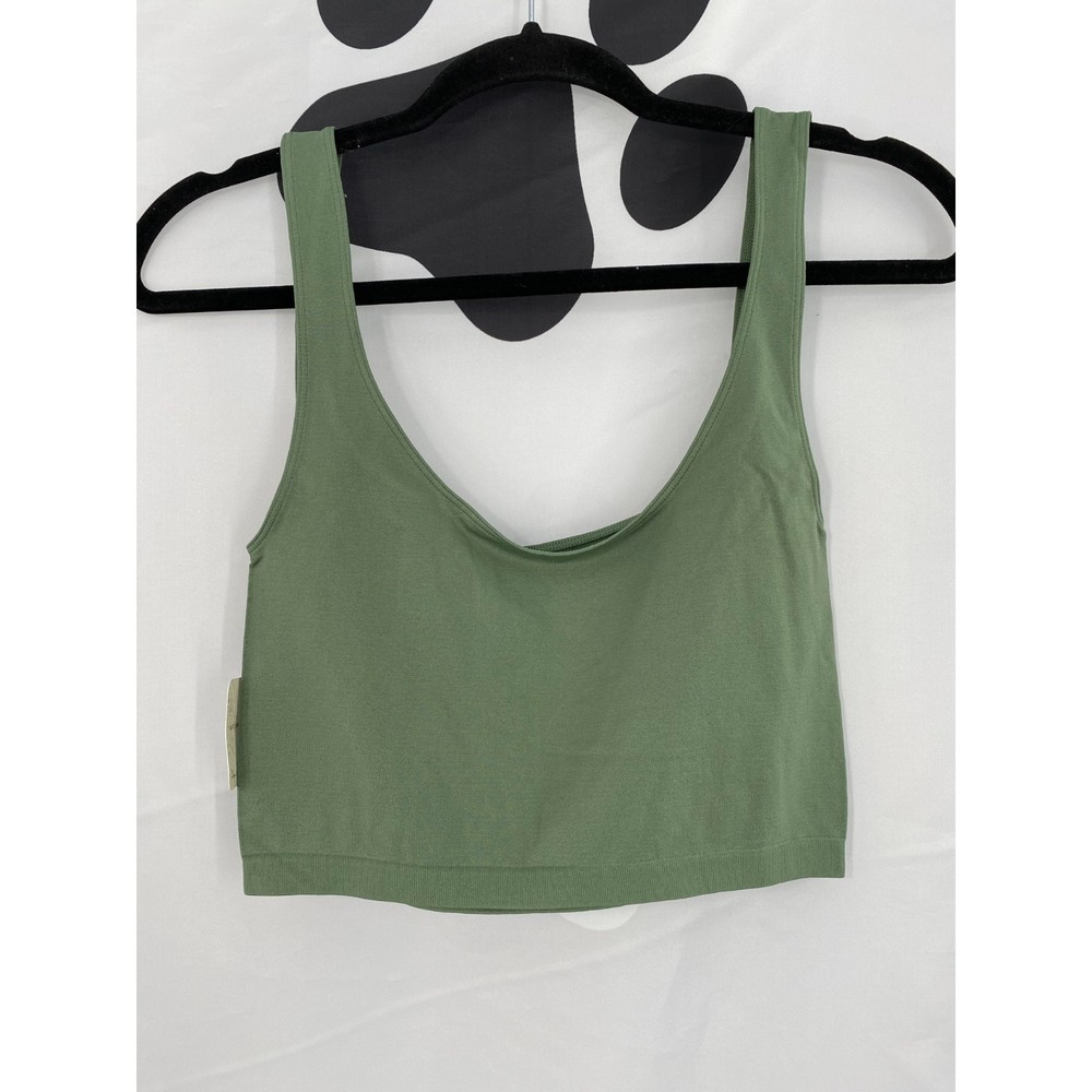 Free People NWT Scoop Neck Crop Seamless Sleeveless Stretch Tank Top Army M New - Picture 4 of 8